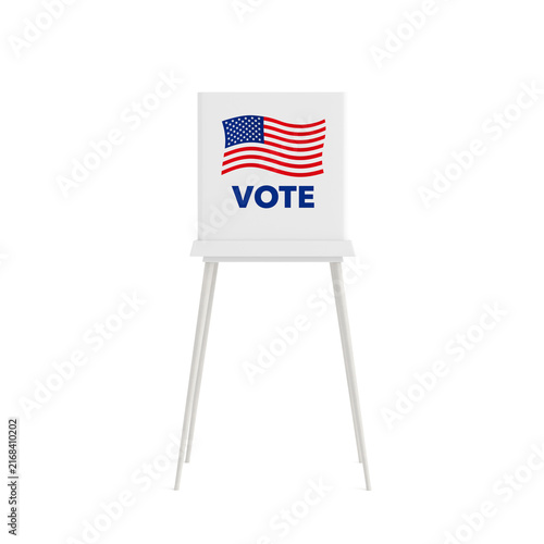 American Voting, Election, Democracy, Civic Participation And Polling Concept. White Vote Booth With USA Flag And Vote Message. 3D Rendering