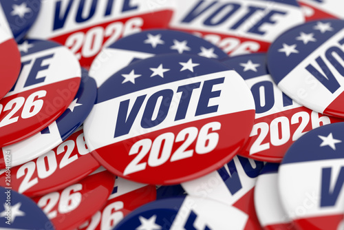 USA Election, Voting, Democracy, Political Campaign And Civic Participation Concept. Vote 2026 Badges With Stars In Red, White And Blue. 3d Rendering
