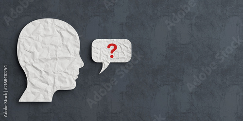 Curiosity, Question, Thinking, Communication And Uncertainty Concept. Paper Human Profile With Speech Bubble And Red Question Mark On Textured Background. 3d Rendering