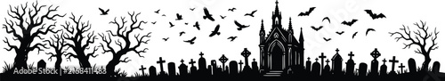 Spooky black silhouette of haunted graveyard with bats flying
