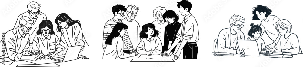 Obraz premium A black and white vector illustration depicts a multi-generational team collaborating on a strategic project with a laptop in the foreground