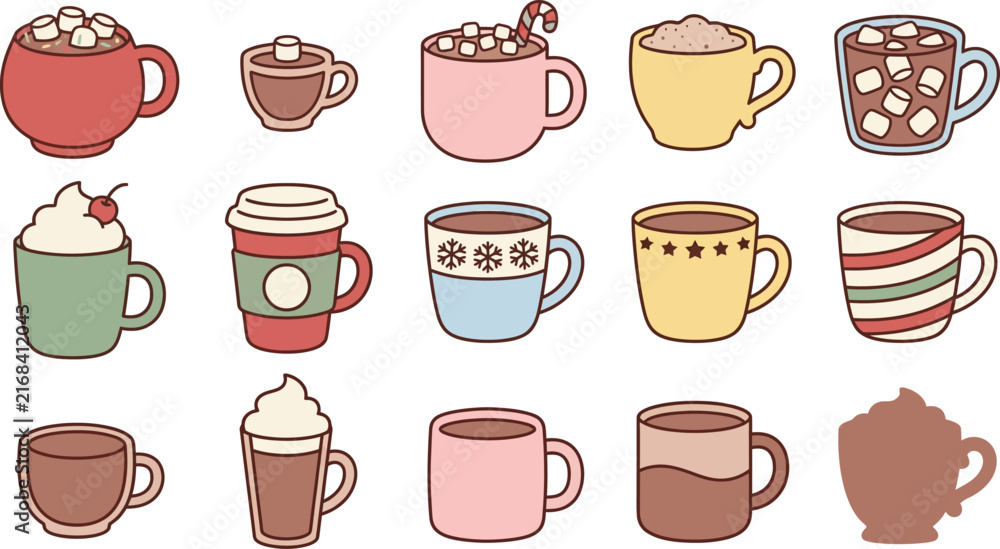 Fototapeta premium Cozy hot chocolate mugs with marshmallows and candy canes in a delightful vector illustration style