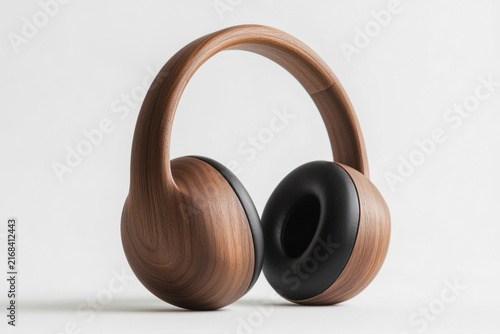 Modern wooden wireless headphones isolated on clean light background
