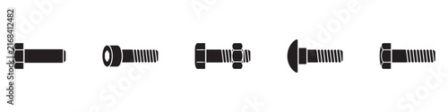 Metal bolt and screw icon set. Hex head bolt, socket cap screw, bolt with nut, carriage bolt, and threaded fastener. Vector illustration.