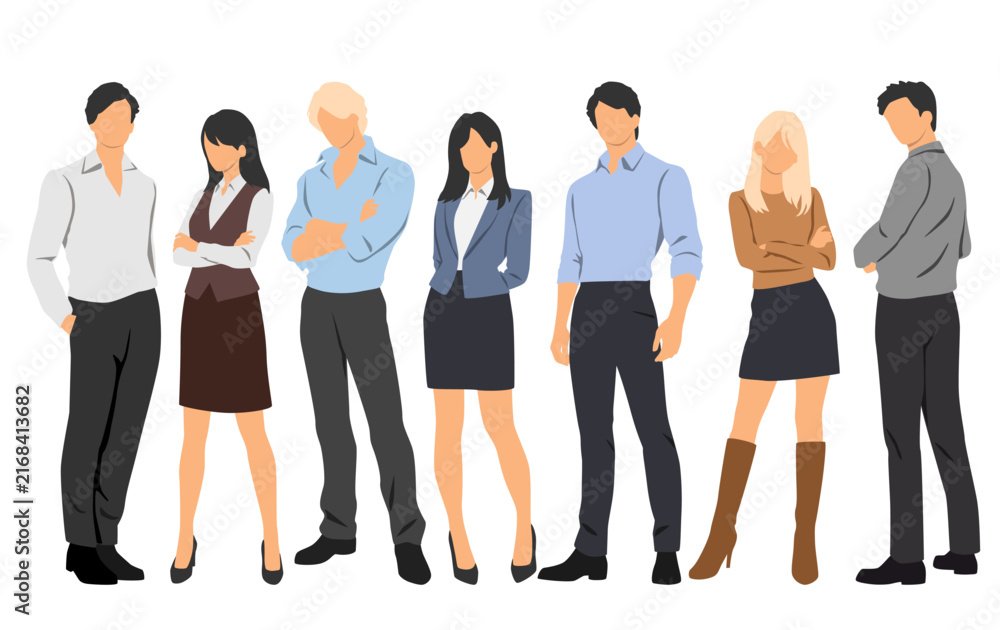 Obraz premium Set of full body images of business people, men and women, front and side views; cartoon style characters, silhouettes, flat icons, stylized design, isolated objects on a white background