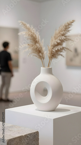 Still-life of a minimalist white sculptural vase with dried pampas on a plinth.