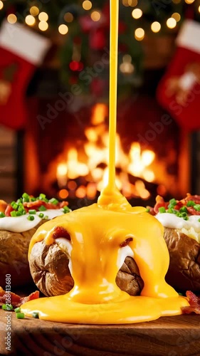Gourmet Baked Potato Topped with Melting Golden Cheese Sauce for a Cozy Holiday Feast by the Fireplace
