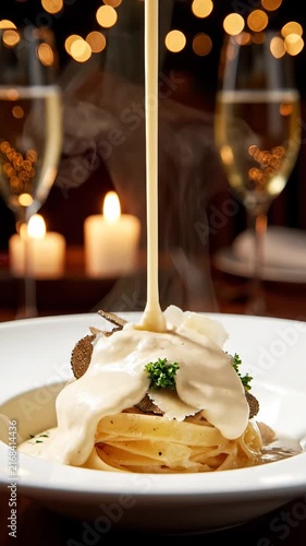Creamy Gourmet Fettuccine Pasta Drizzled with Rich Velvety Cheese Sauce for a Romantic Dinner Setting