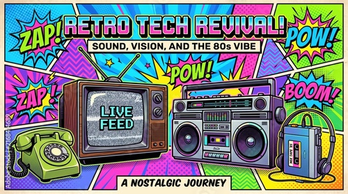Retro 80s 90s vintage tech vector illustration pattern with boombox, cassette player, tv, camera, headphones, joystick, and telephone.