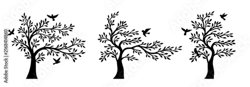 Beautiful tree branch with birds vector silhouette background. Wallpaper design template sticker isolated on white background