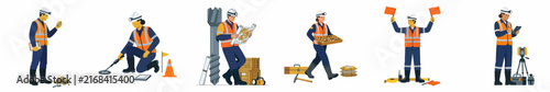 Vector illustrations of construction workers in safety gear performing diverse industrial tasks including surveying, signaling, and equipment operation on a white background.