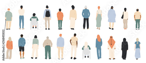 Set of different people standing. Back view. 