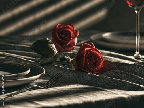  Romantic table setting with roses for valentines day, dramatic cinematic lighting, sharp focus with shallow depth of field, ideal for marketing campaign. 