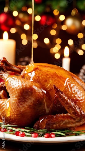 Festive Roasted Whole Poultry Served with Glaze Drizzle for Holiday Dinner Celebration and Christmas Gourmet Seasonal Feast Dining Table Decoration