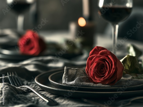  Romantic table setting with roses for valentines day, dramatic cinematic lighting, sharp focus with shallow depth of field, ideal for marketing campaign. 