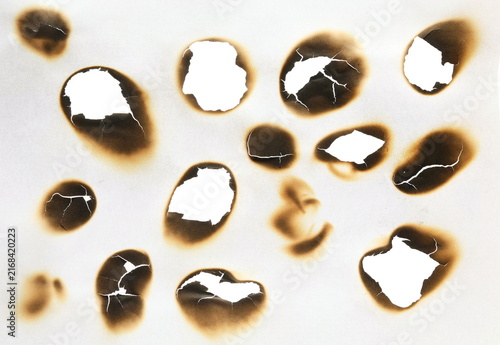 Collection of burnt holes in piece of paper isolated on white background
