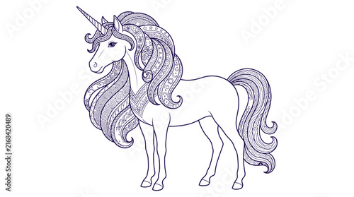 Blue unicorn silhouette with ornate details stands against a black background