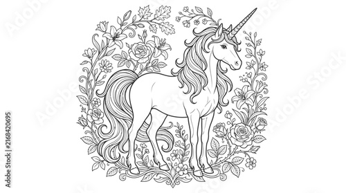 Unicorn surrounded by floral ornament in detailed line art style