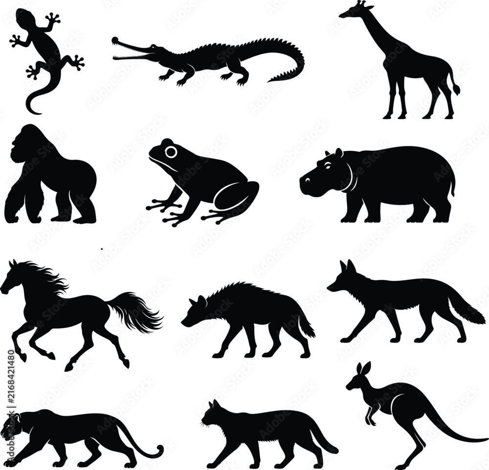 Obraz premium Collection of animal silhouettes in black against a white background