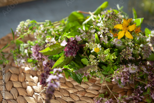Fresh garden medicinal herbs -  collected for the healthy tea, include mint, chamomile, origanum, thyme, yarrow, melissa, lemon balm and St. John's wort.