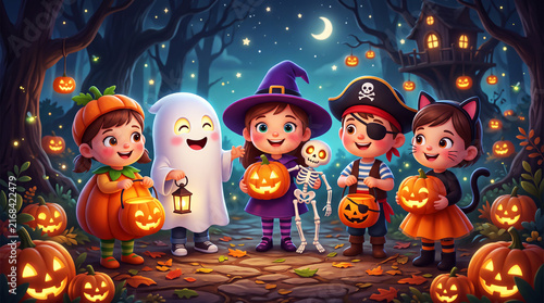 Halloween party background with kids, pumpkins and ghosts