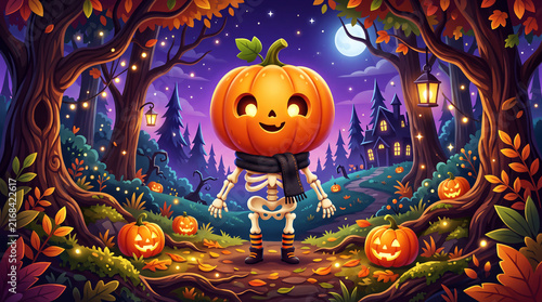 Cute funny Halloween figure with a skeleton body and Jack O' Lantern head