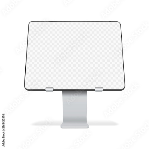 Desktop digital tablet holder ipad stand. Realistic 3d vector mockup. Portable monitor display with blank transparent screen front view on metal tabletop stand. Mock-up. Easy editable template