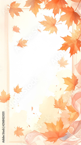 Tapety artystyczne 秋の紅葉と楓の葉が舞う水彩風フレーム背景 コピースペースのある縦型デザイン素材 チラシやバナー広告に使えるナチュラルで優しい雰囲気のイラスト背景