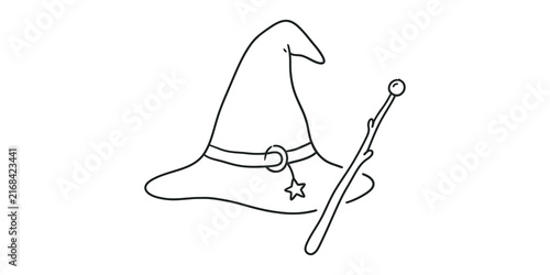 Obraz na płótnie Magic wizard hat and wooden wand sketch isolated on transparent background