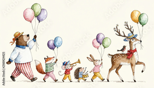 Watercolor parade of cute forest animals with balloons and instruments, perfect for nursery art, baby shower invitations, and kids' party decor. Adorable illustration.