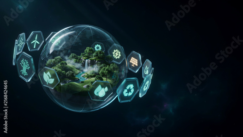 Modern futuristic green technology icons surrounding a city globe with digital interface