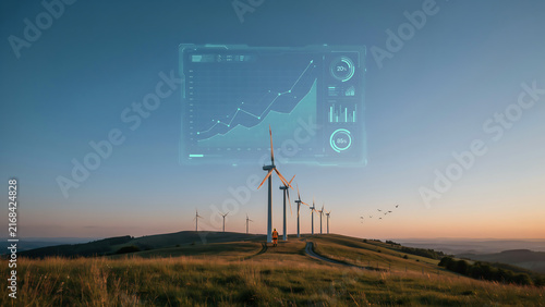 Wind turbines in green field with futuristic energy data display at sunset