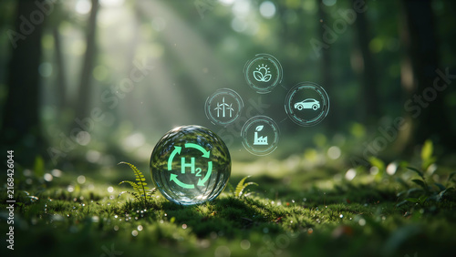 Modern green hydrogen energy icon set in a forest environment with futuristic elements