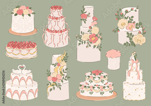 Set of Colorful Decorated Wedding Tiered Cakes.