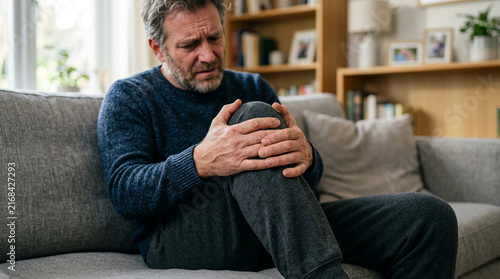 Middle aged man holding his painful knee while sitting on couch at home, suffering from arthritis or joint injury.