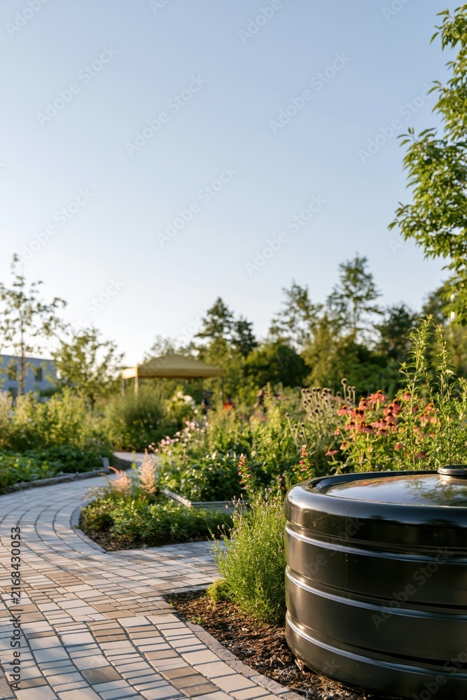 Obraz premium Sunlit garden pathway with metal rainwater tank and native plants for outdoor background and sustainable landscape banner design