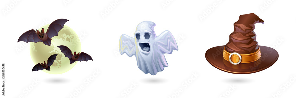 Obraz premium Halloween icons including bats flying in front a full moon a ghost and a Sorting Hat on a transparent background PNG