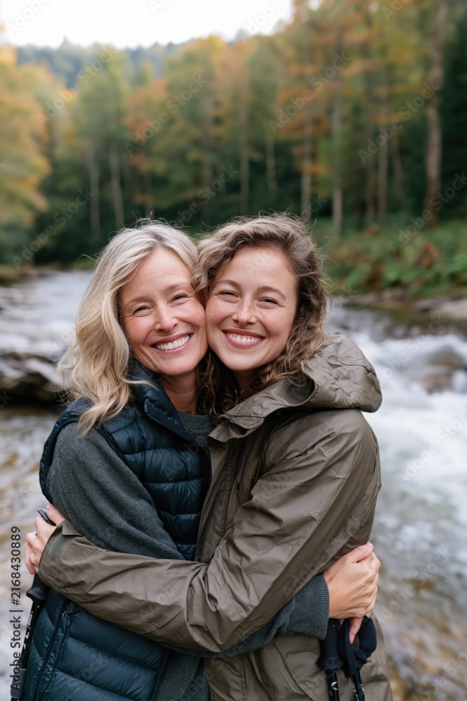 Fototapeta premium Mother and daughter autumn river hug portrait in nature for outdoor background poster and banner design