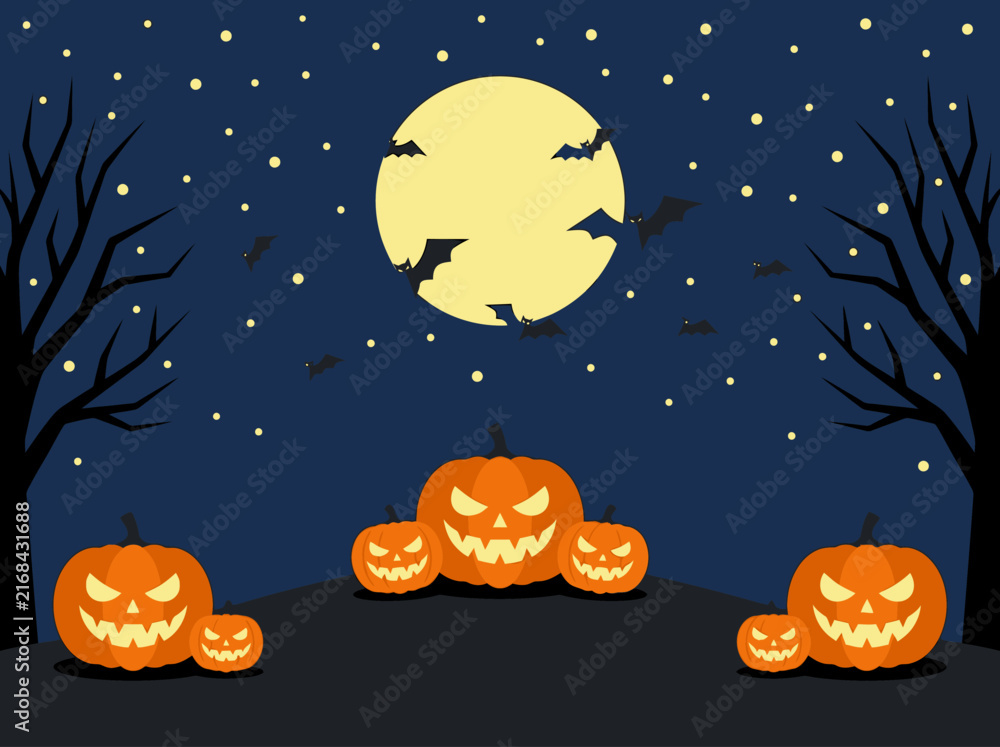 Fototapeta premium Spooky Halloween background with jack-o'-lanterns and full moon