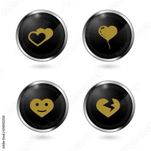 Golden heart icons on shiny metallic buttons on transparent background