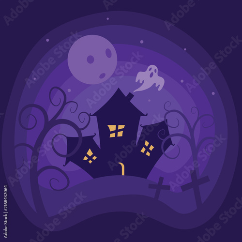 Purple Haunted House under Full Moon, Flat Halloween Vector Scene with Ghost, Twisted Trees and Cemetery for Posters, Cards and Seasonal Backgrounds
