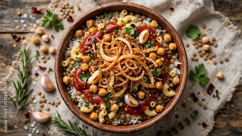 Traditional Egyptian koshary bowl with fried onions and rich sauce