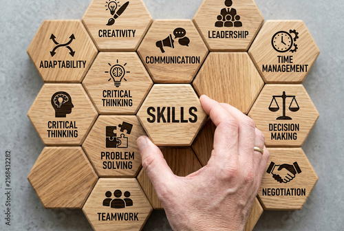 Soft skills development and business leadership concepts represented by hand arranging wooden hexagon blocks