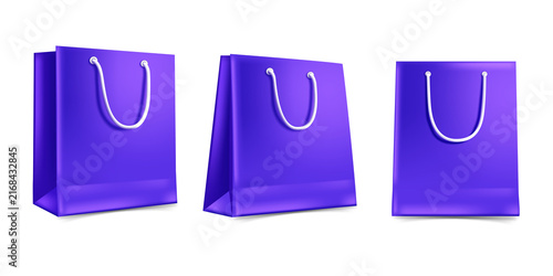 Three purple shopping bags on transparent background