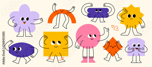 Cute geometric figures. Basic shapes with funny faces,hands and legs, abstract minimal groovy characters with different emotions, cartoon mascots for stickers. Vector isolated set