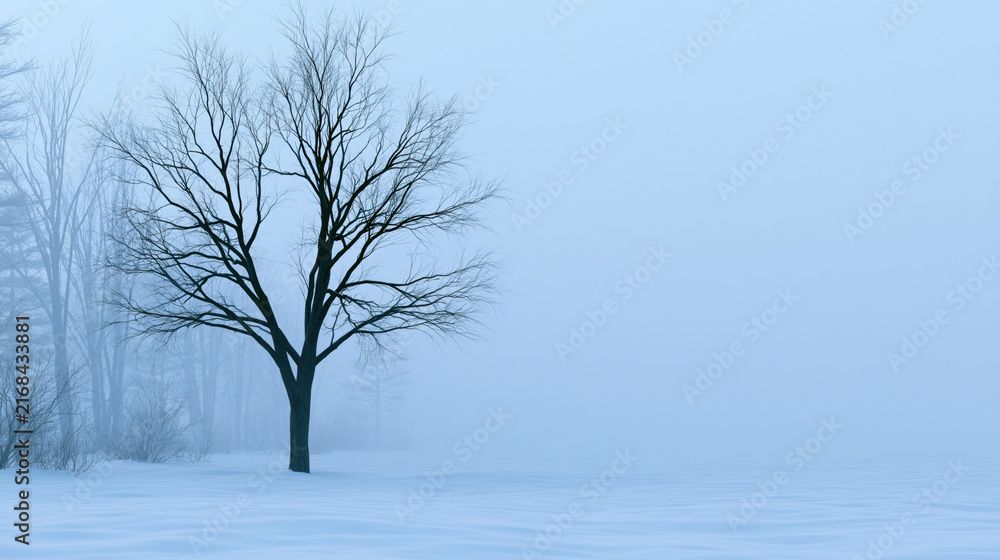 Fototapeta premium Bare tree in snowy foggy landscape with wide empty space creating quiet winter scene