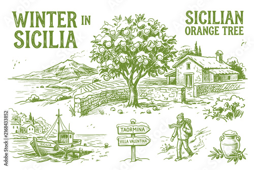 Hand-Drawn Sicilian Orange Tree in Snow Sketch Vector Illustration