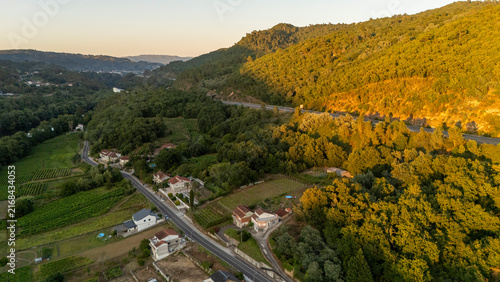 Rural village with vineyards along road in Galicia