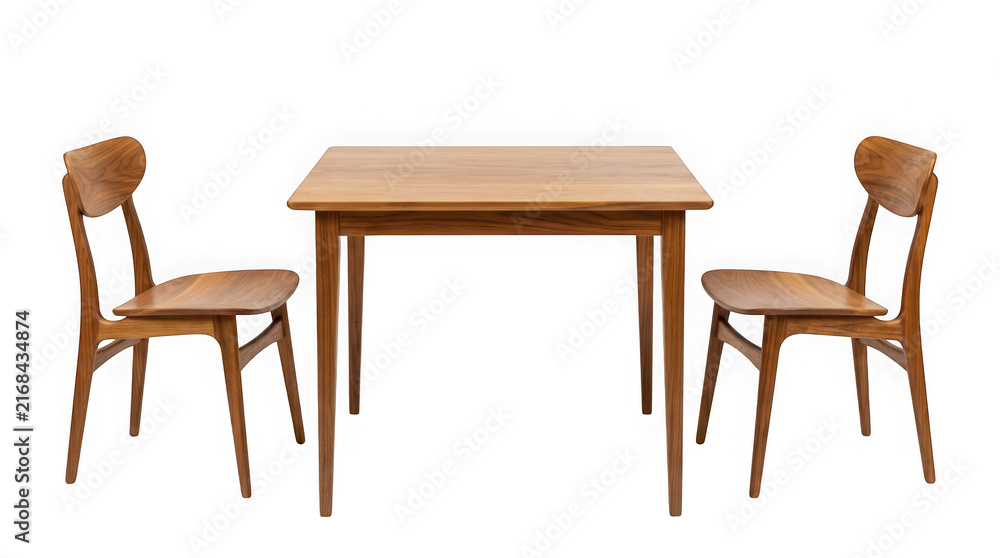 Fototapeta premium Wooden dining table with two matching chairs isolated on transparent background