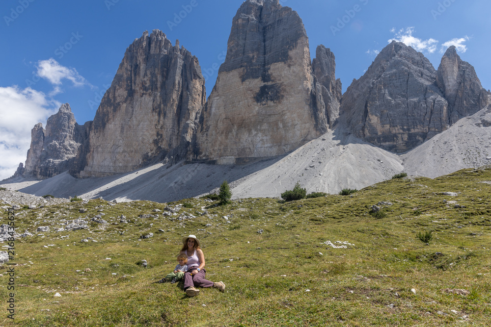 Fototapeta premium Tre Cime Italian Dolomites Woman Grass View Hiking